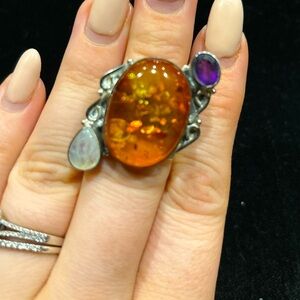 925 Amber, moonstone, amerhyst ring